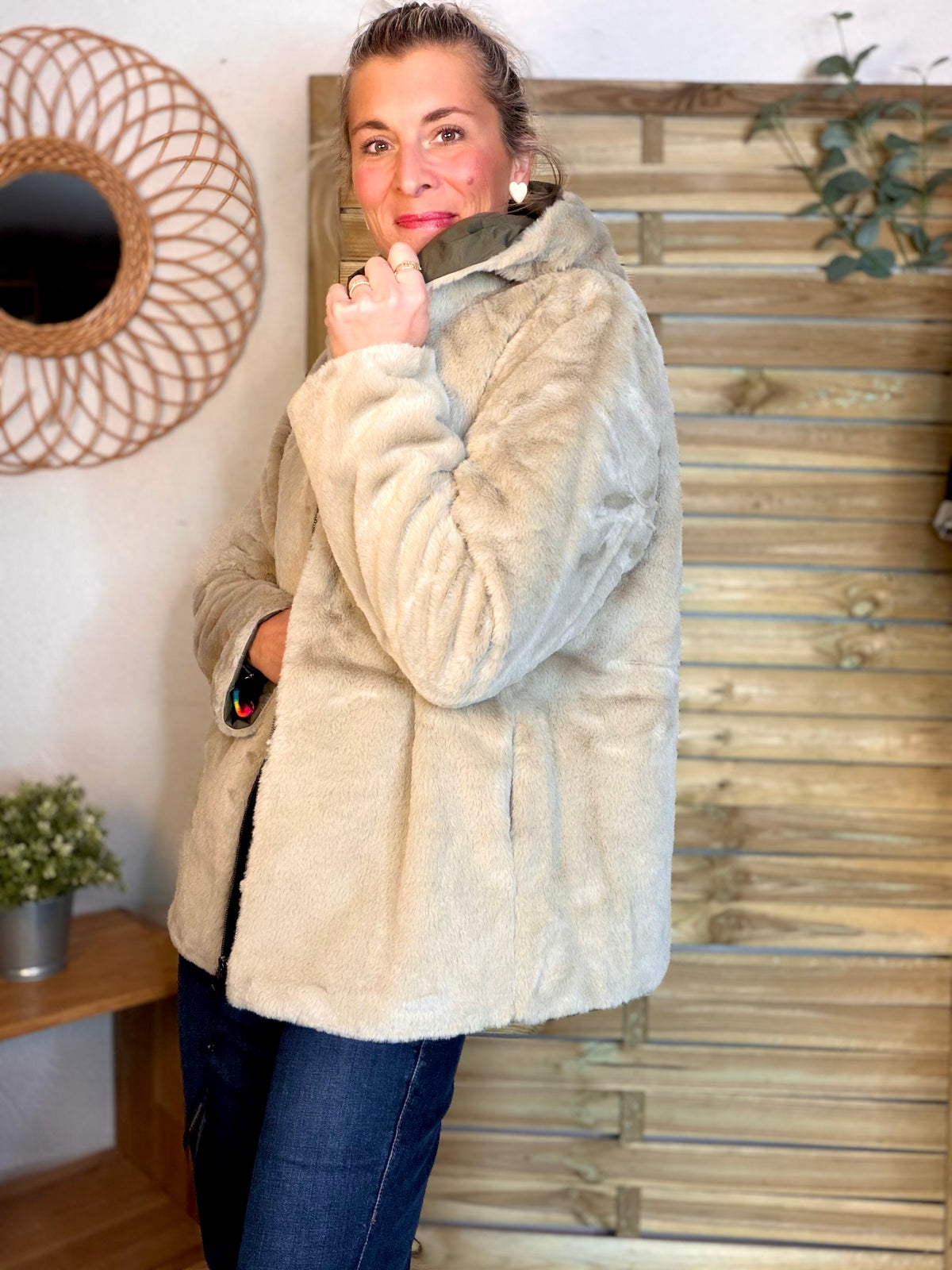 LAURA JO - Parka Imperméable réversible fourrée Kaki / Beige ALIX Court