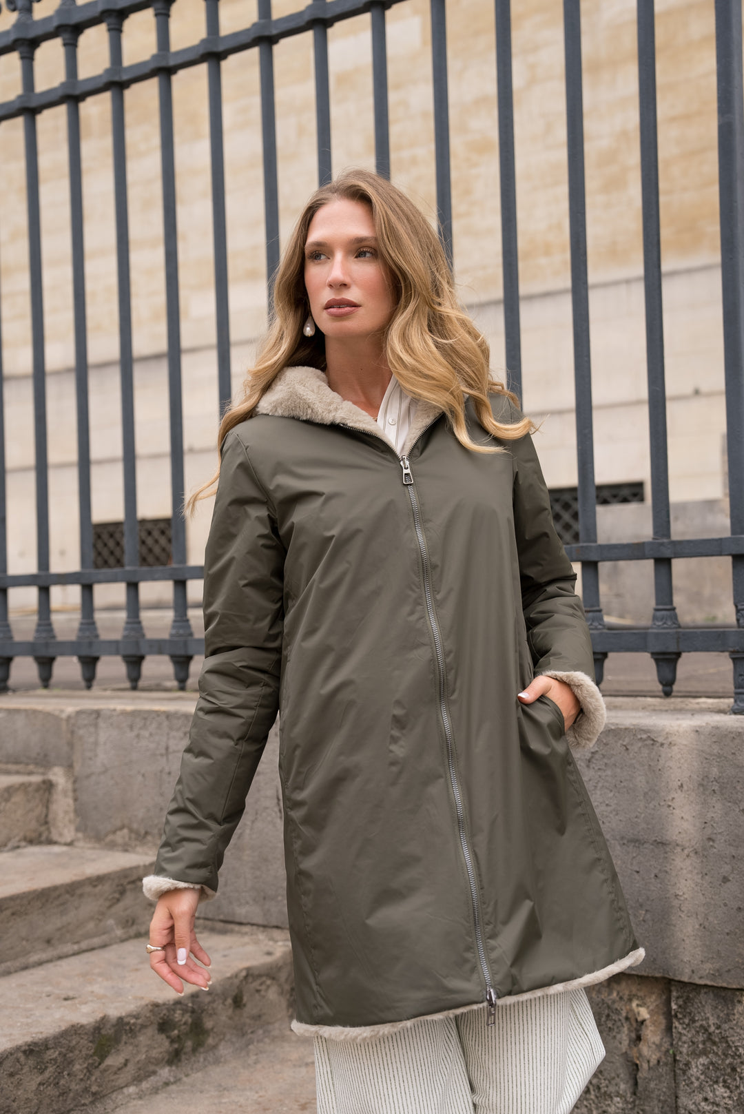 LAURA JO - Parka Imperméable réversible fourrée Kaki / Beige ALIX Long