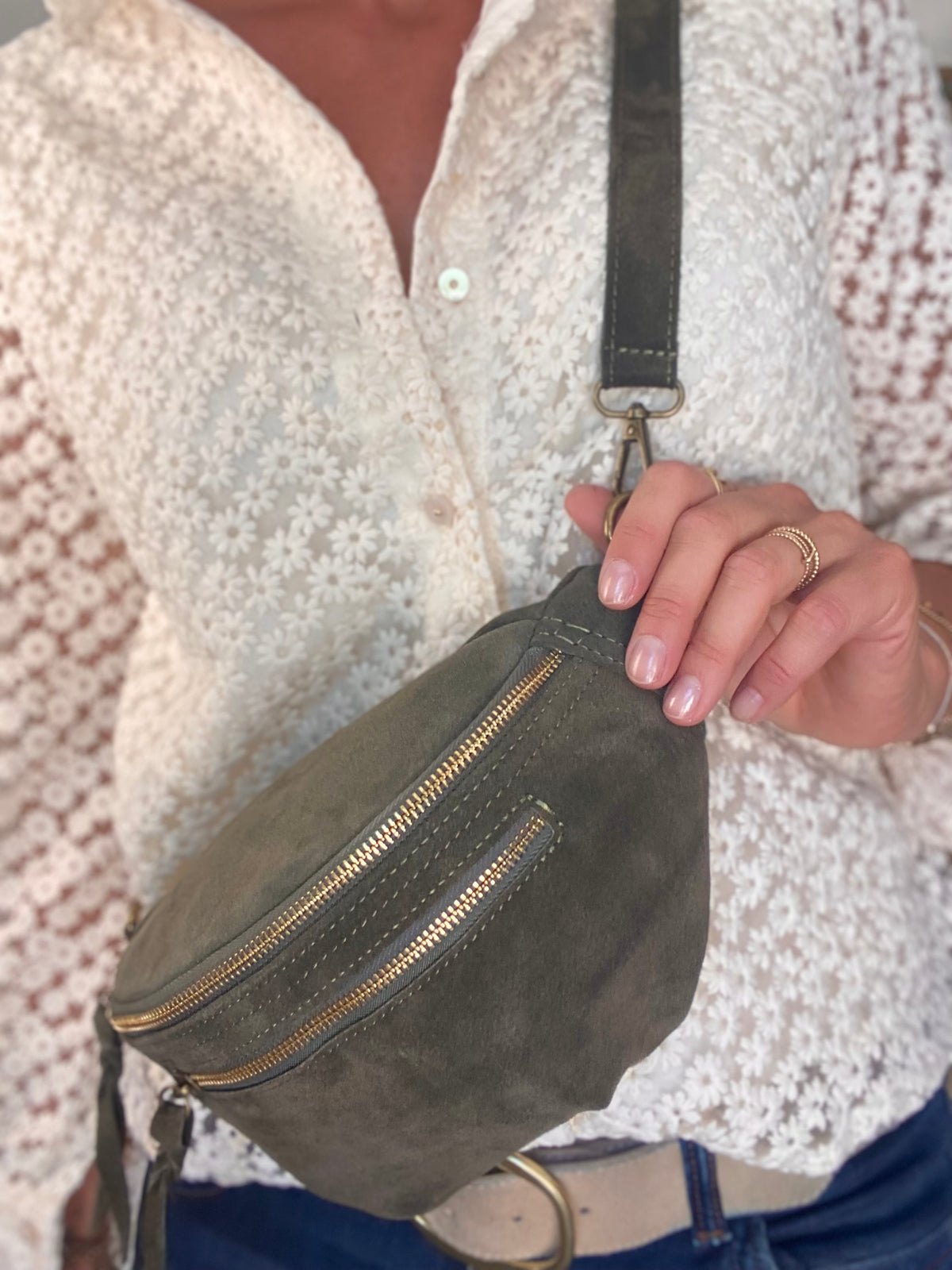 Sac banane double poche en cuir daim - OPALINE - Kaki foncé