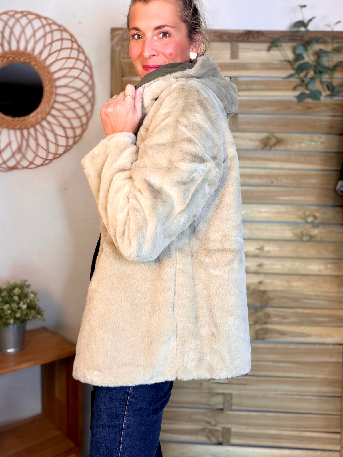 LAURA JO - Parka Imperméable réversible fourrée Kaki / Beige ALIX Court