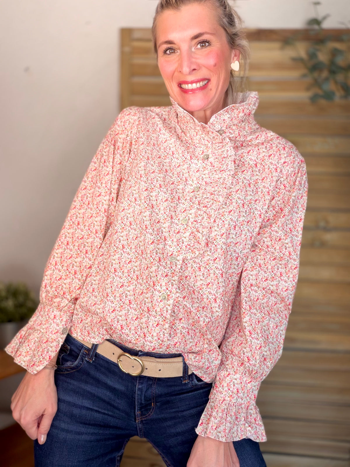 Chemise imprimée Liberty col volanté HÉLOÏSE - Rouge rosé - FIN DE SÉRIE