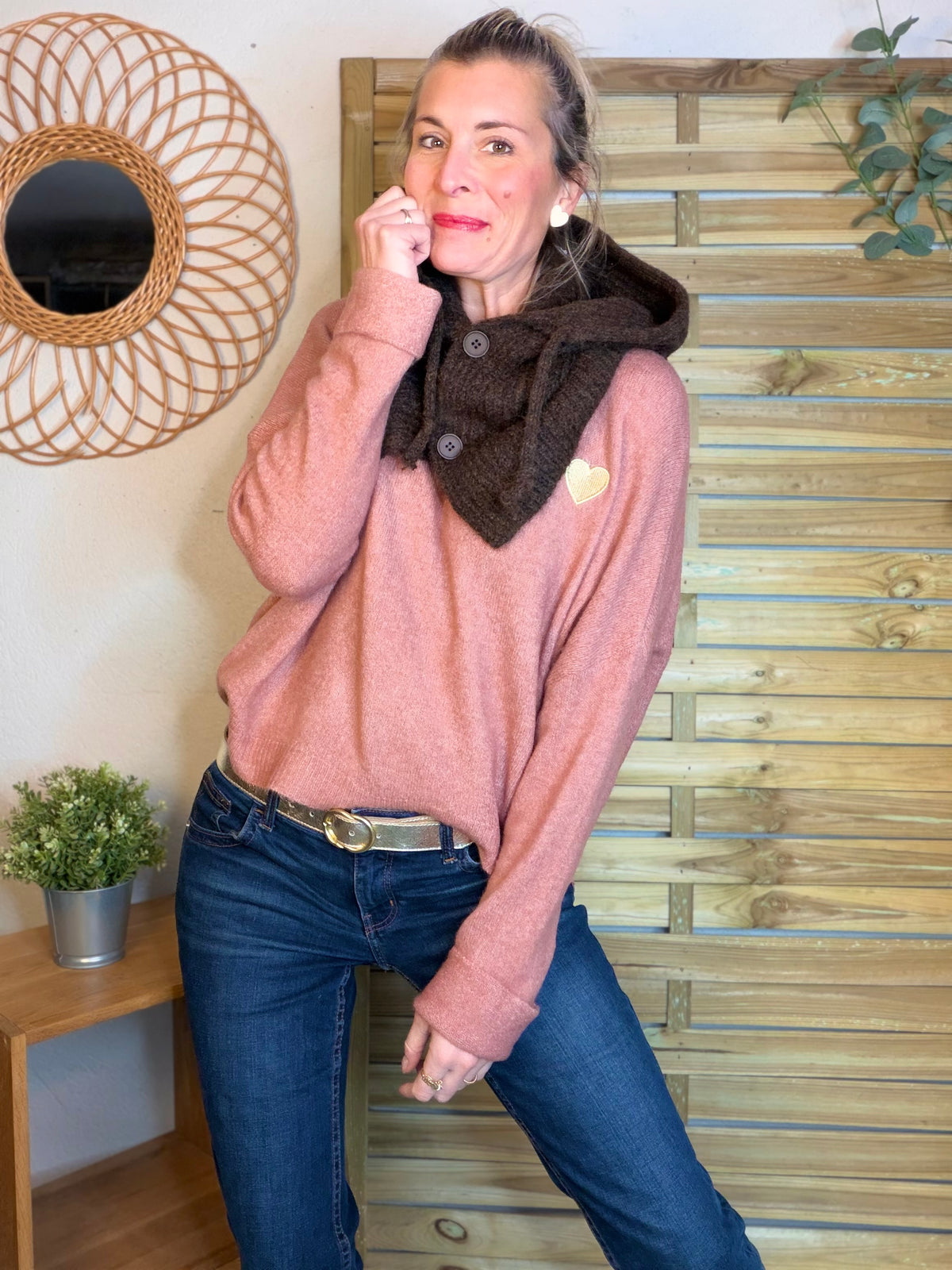 Col cagoule LORIE en maille avec boutons - Chocolat