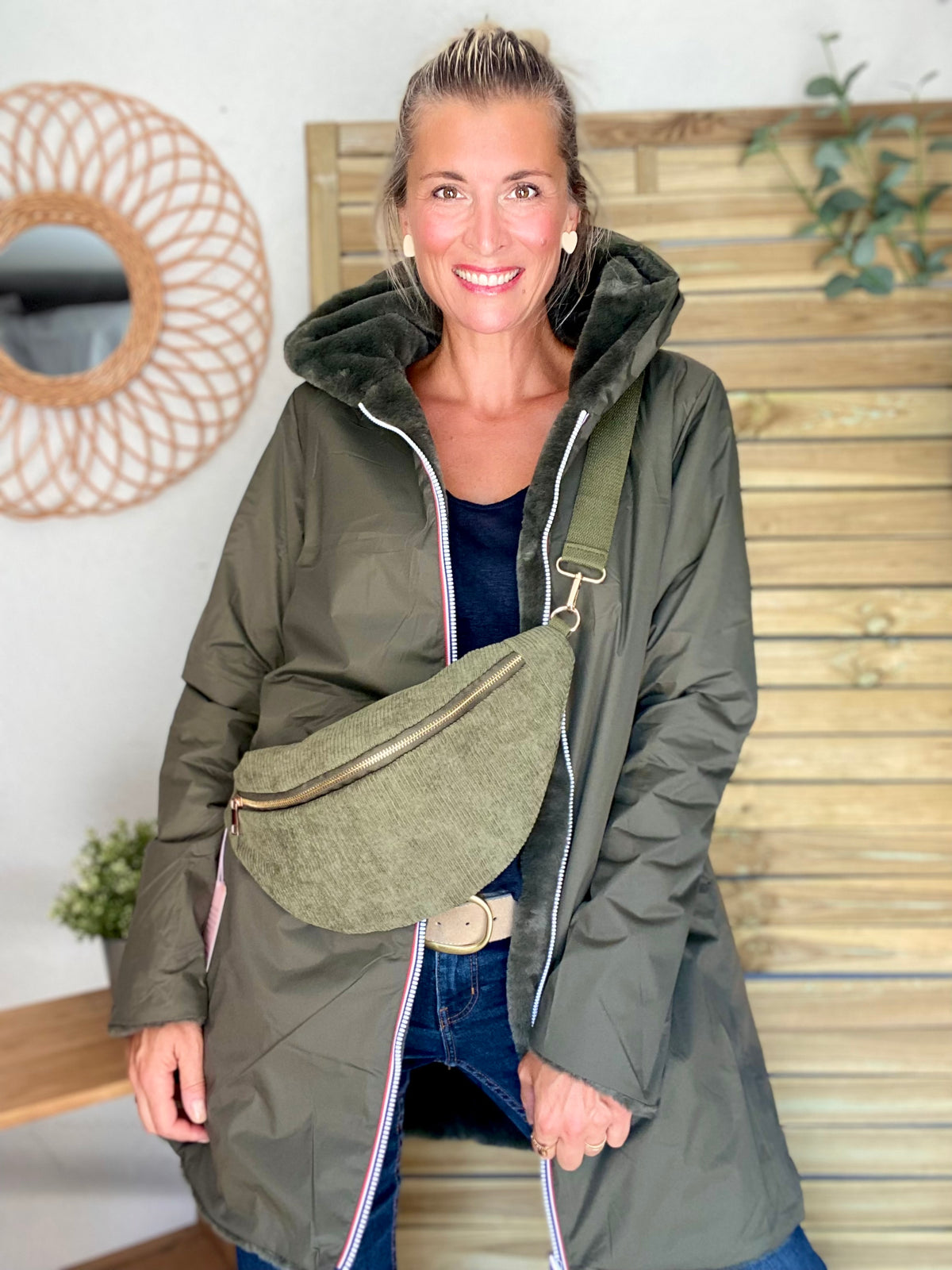 LAURA JO - Parka Imperméable réversible fourrée Kaki / Kaki ALIX Long • DÉSTOCKAGE sur Taille S