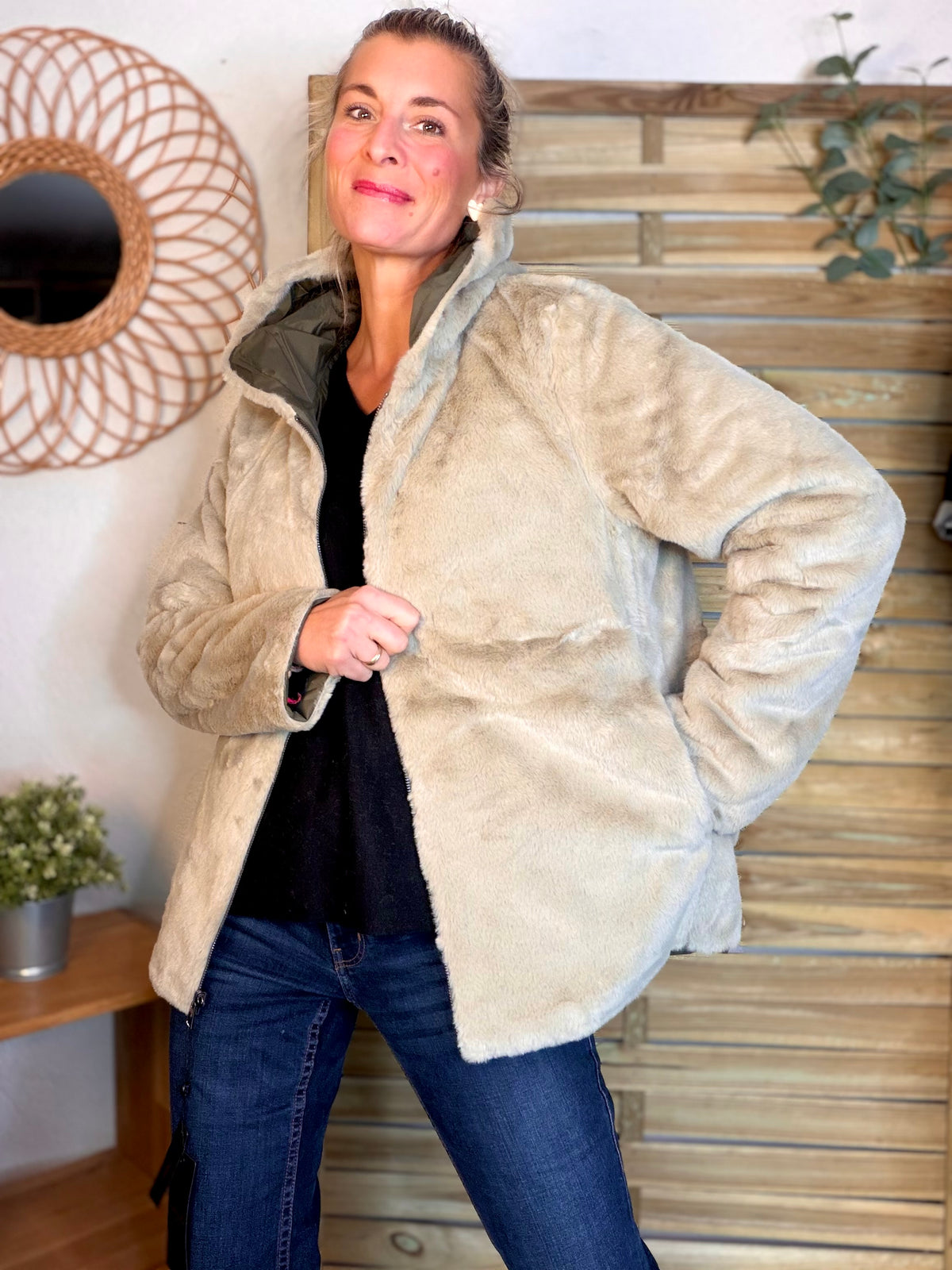 LAURA JO - Parka Imperméable réversible fourrée Kaki / Beige ALIX Court