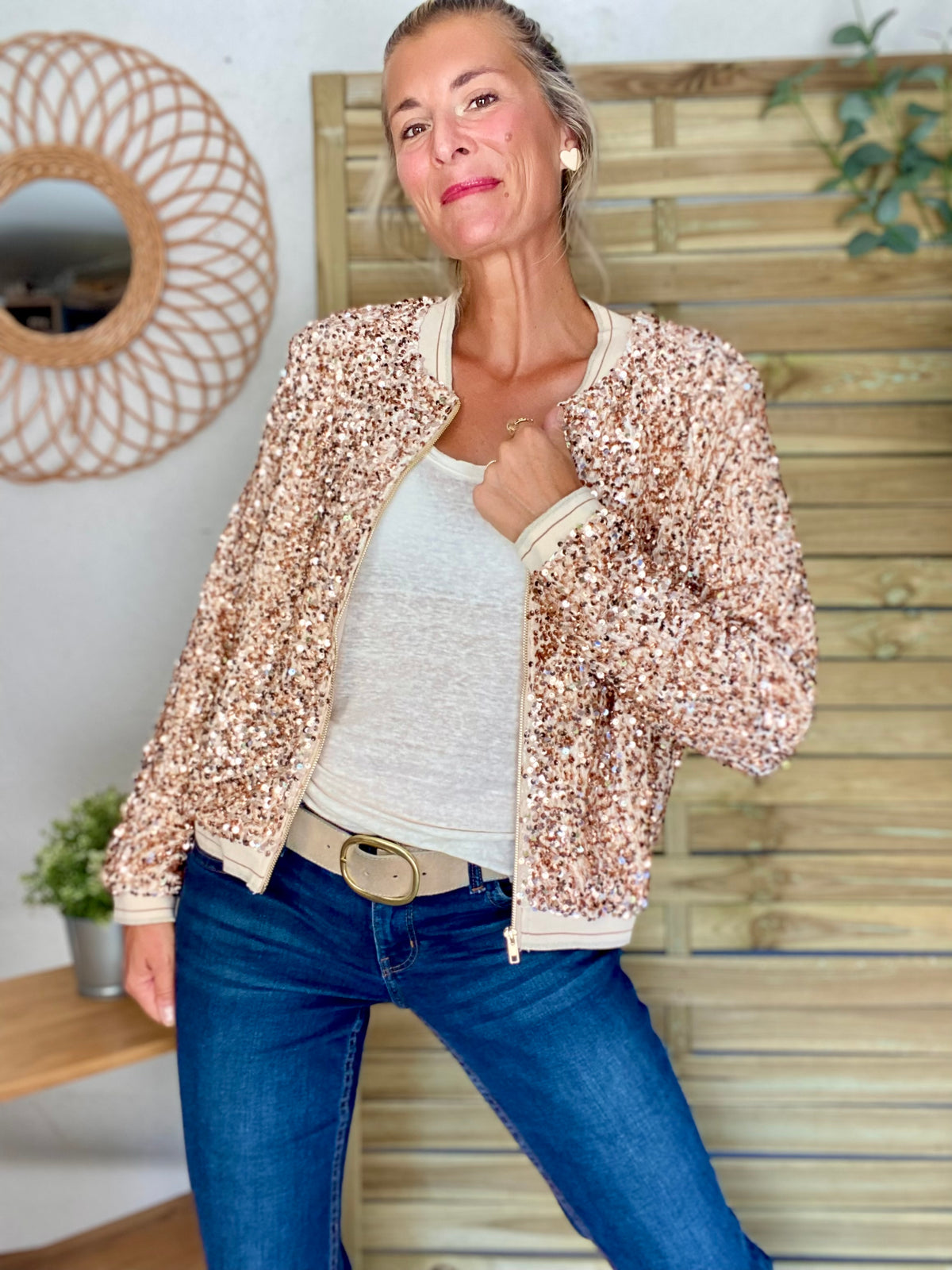 Veste bombers beige avec sequins Rose Gold KIM - FIN DE SÉRIE