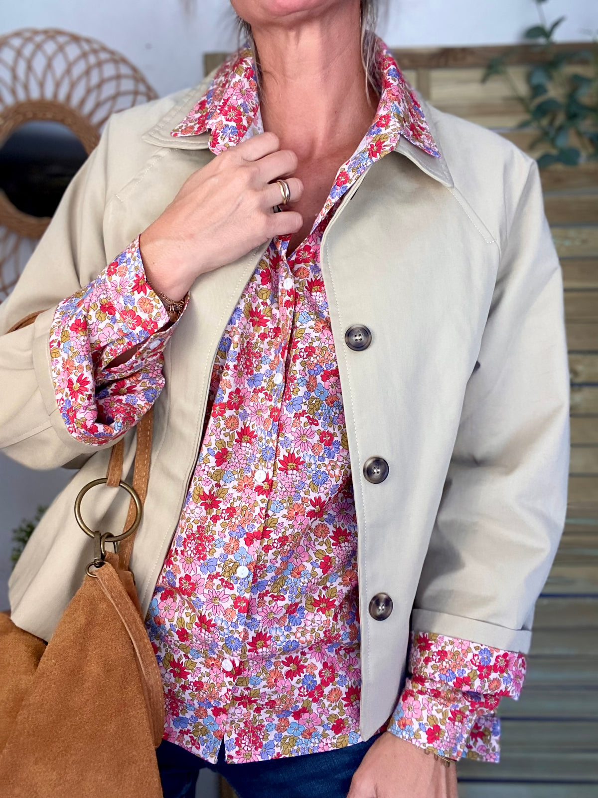 Veste Trench en coton beige avec Liberty - MAHAUT - LILI et LALA