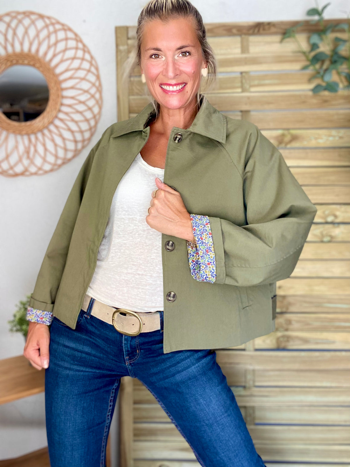 Veste Trench en coton kaki avec Liberty - MAHAUT - LILI et LALA