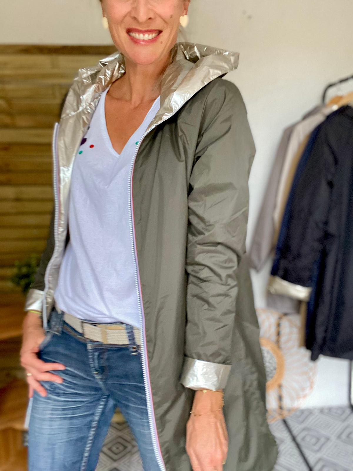 LAURA JO - Imperméable réversible rembourré LOUISON LONG - Kaki/Doré
