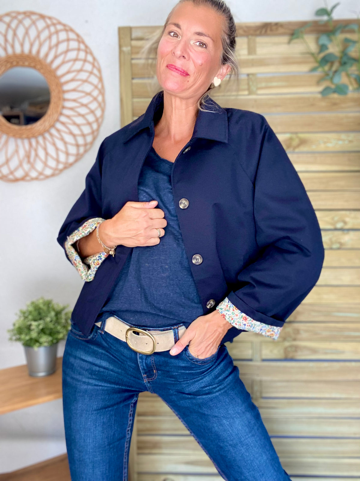 Veste Trench en coton bleu marine avec Liberty - MAHAUT- LILI et LALA