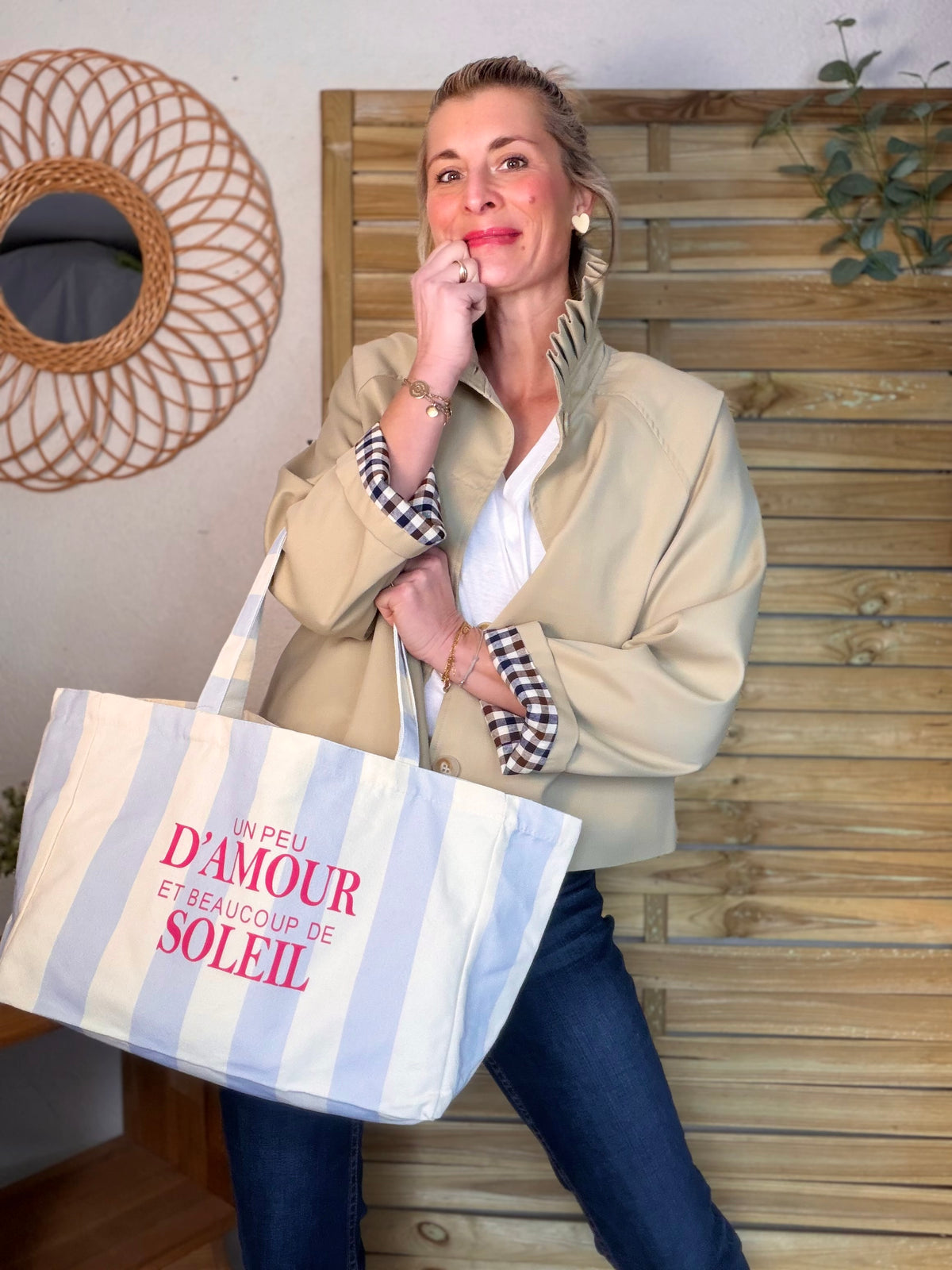 Veste Trench col victorien, revers carreaux - VICKY Beige