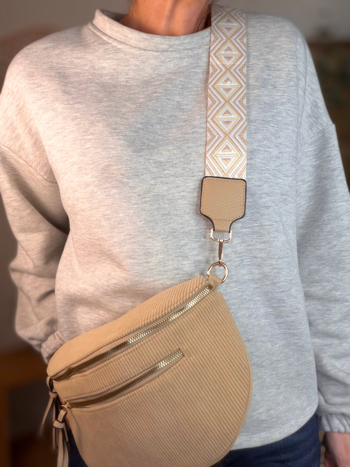 Sac banane en velours côtelé, sangle fantaisie - KATY - Camel clair - FIN DE SÉRIE