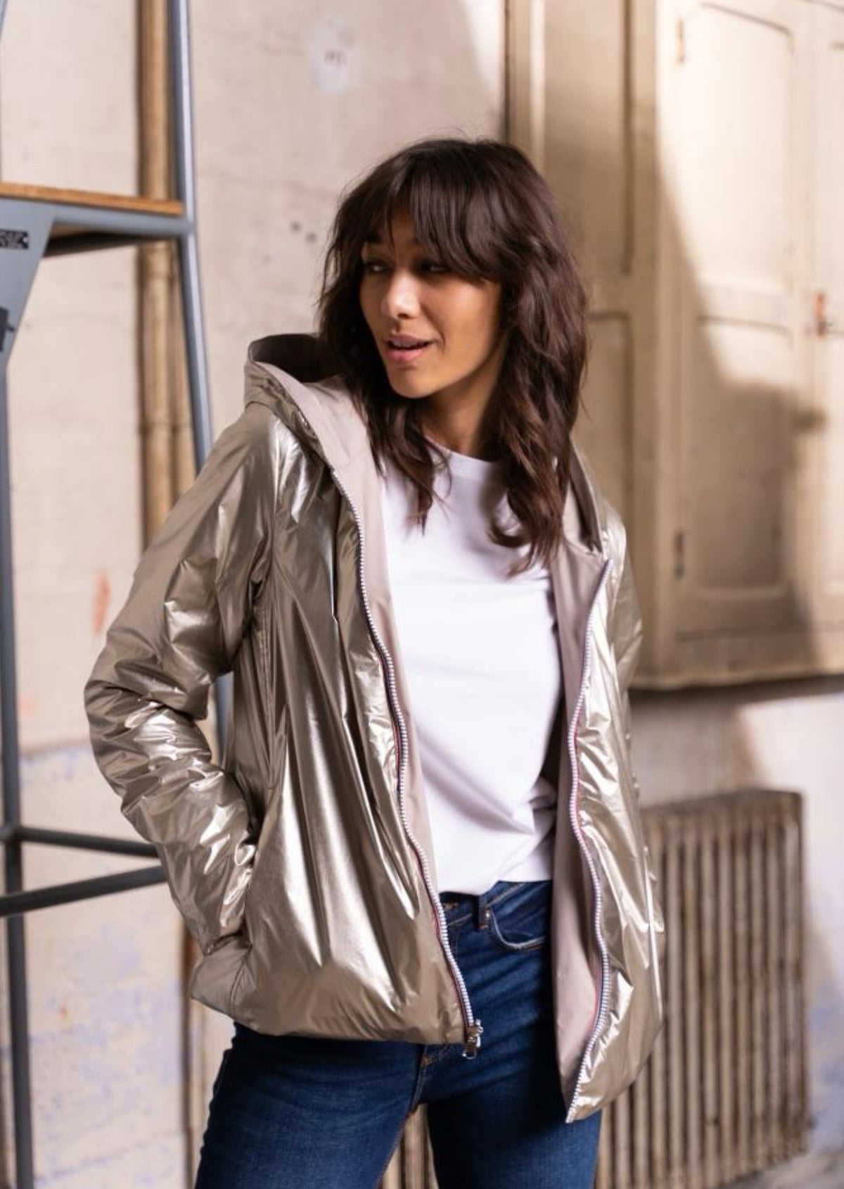 LAURA JO - Imperméable réversible rembourré LOUISON COURT - Beige / Doré • DÉSTOCKAGE sur Taille XL