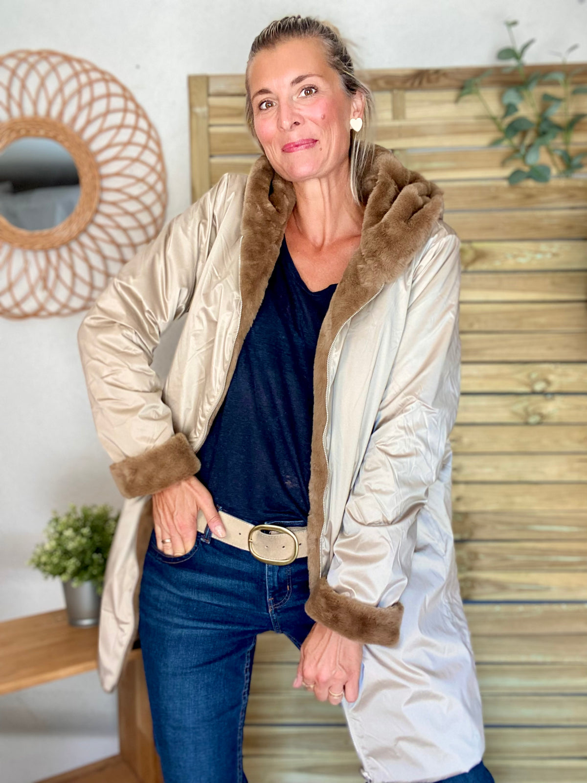 LAURA JO - Parka Imperméable réversible fourrée Sable irisé / Camel ALIX Long