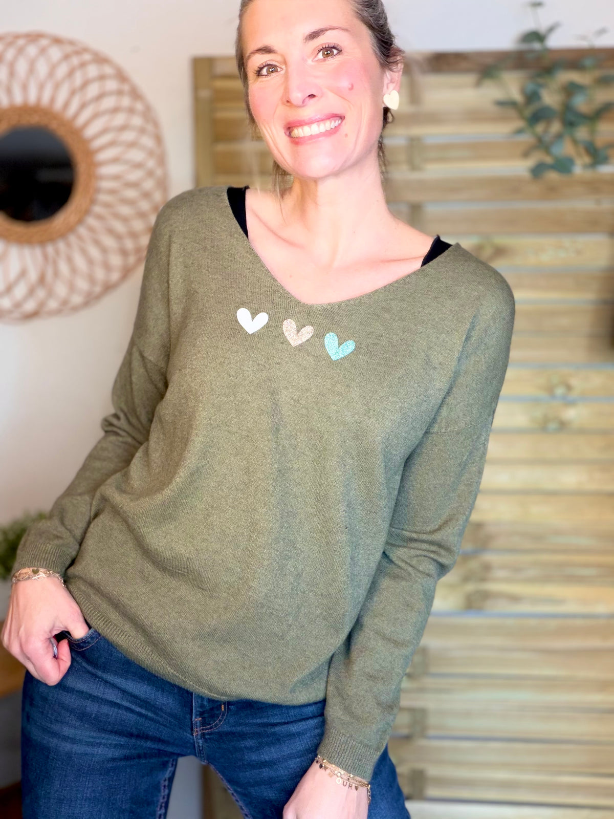 Pull fin 3 cœurs 💛 BERTILLE - Kaki - FIN DE SÉRIE