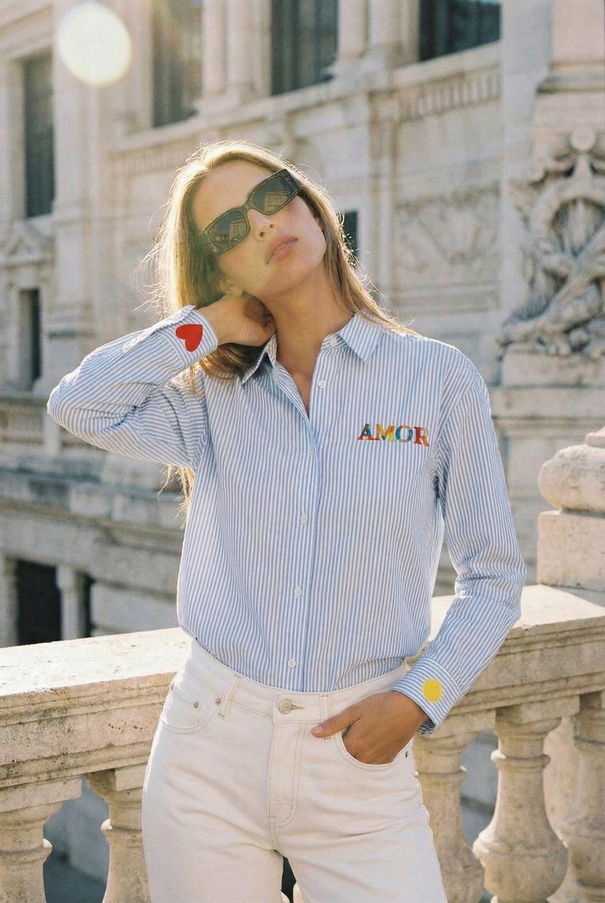 Chemise rayée brodée AMOR bleue ❤️☀️ SHANIA - FIN DE SÉRIE