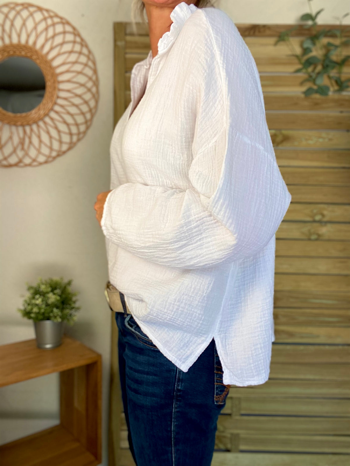 Blouse en gaze de coton SIERRA Blanche - manches longues • FIN DE SÉRIE