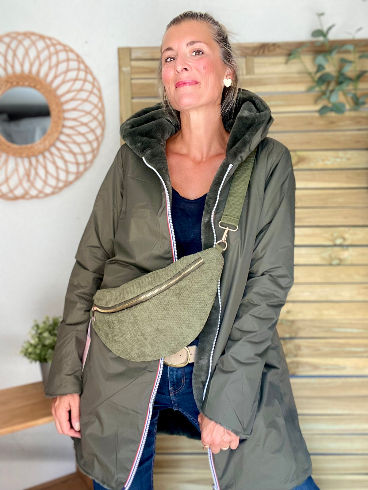 LAURA JO - Parka Imperméable réversible fourrée Kaki / Kaki ALIX Long • DÉSTOCKAGE sur Taille S