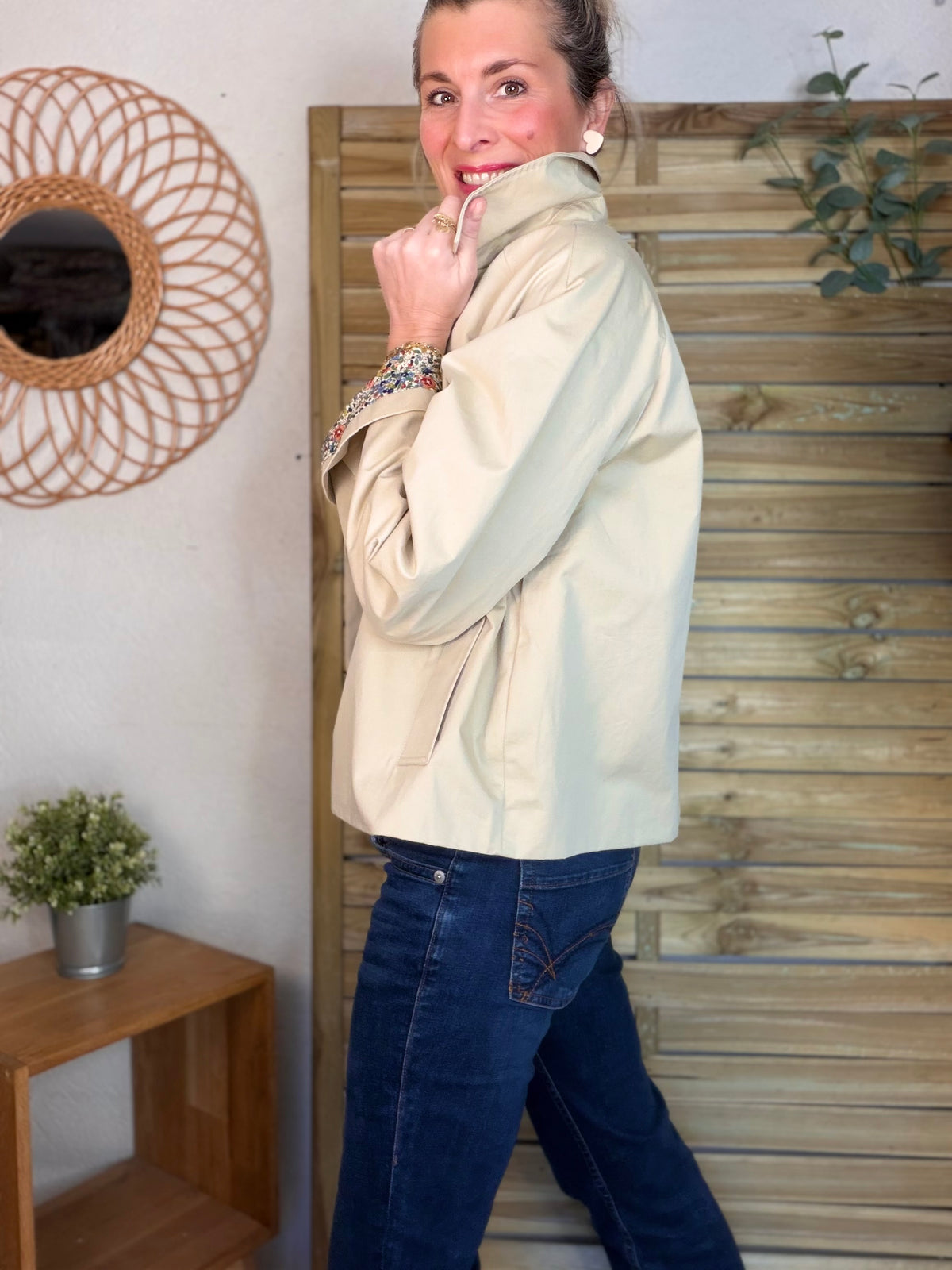 Veste Trench en coton beige avec Liberty - MARION (Taille 2 ans à la Taille XL)