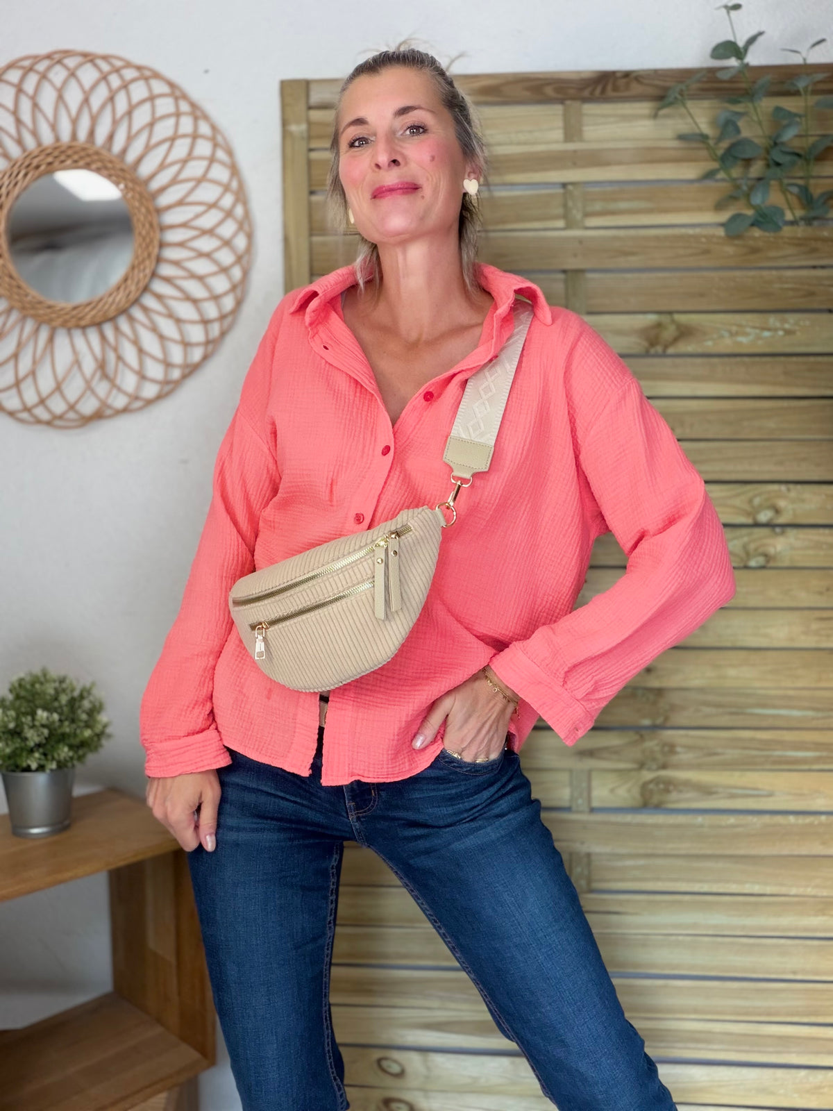 Sac banane en velours côtelé 2 zips et sangle fantaisie - CHARLY Beige