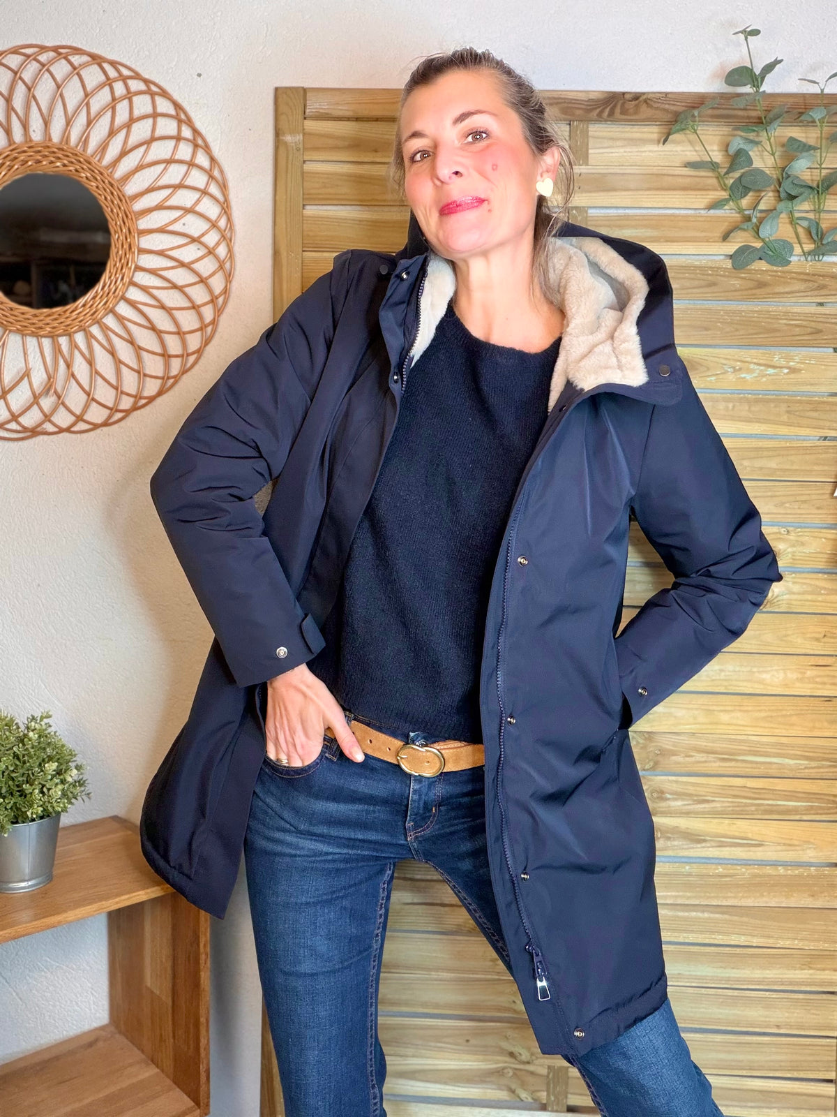 LAURA JO - Parka fourrée imperméable AMBRE LONG - Bleu marine / Beige
