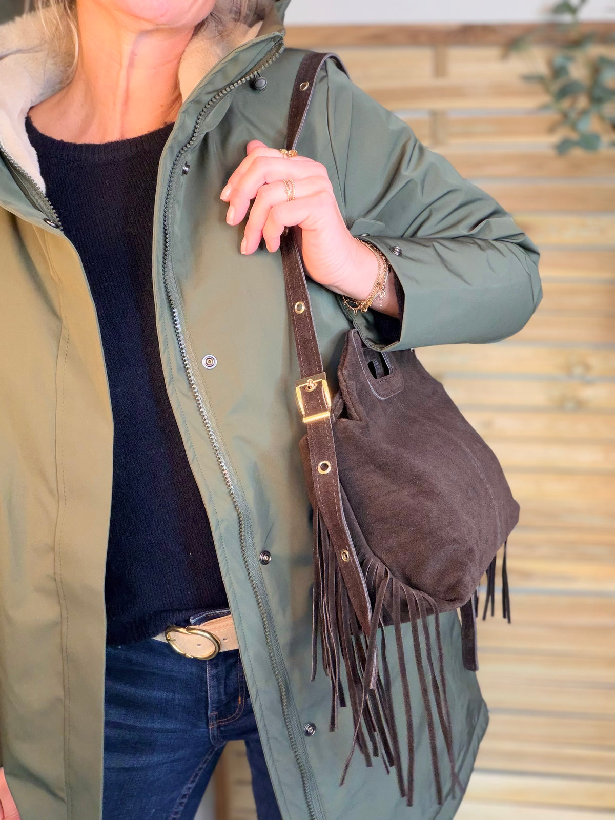 Sac en cuir daim avec franges LOGAN - Chocolat