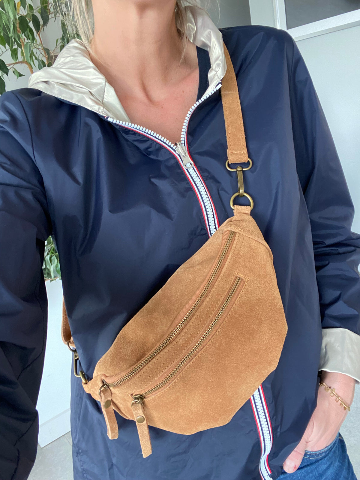 Sac banane double poche en cuir daim - OPALINE - Camel