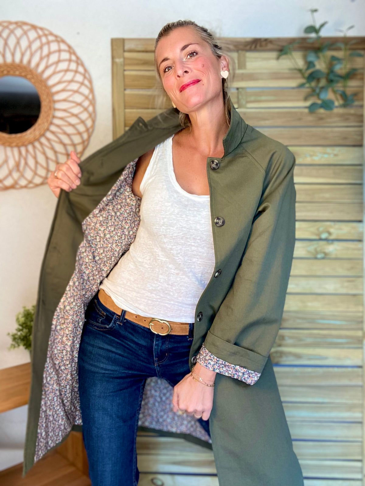 Veste Trench en coton kaki avec Liberty - MAHAUT MI LONG - LILI et LALA • DÉSTOCKAGE sur Taille S