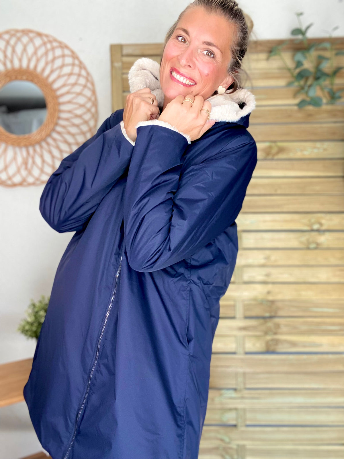LAURA JO - Parka Imperméable réversible fourrée Bleu marine / Beige ALIX Long