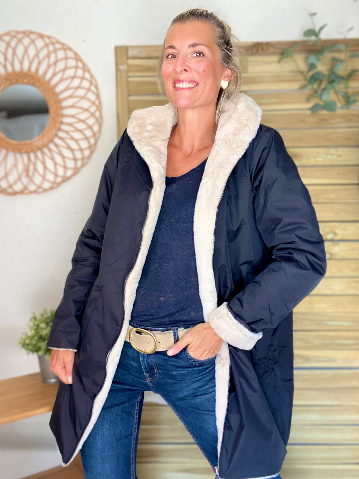 LAURA JO - Parka Imperméable réversible fourrée Noir / Beige ALIX long