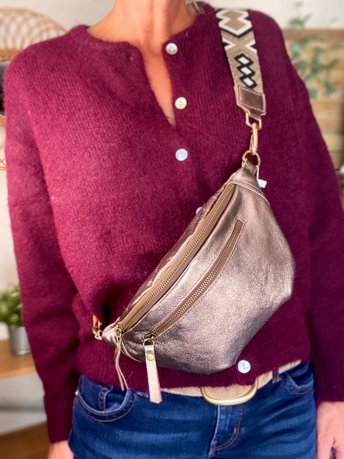 Sac banane en cuir irisé double poche - OPALE - Bronze / Laiton