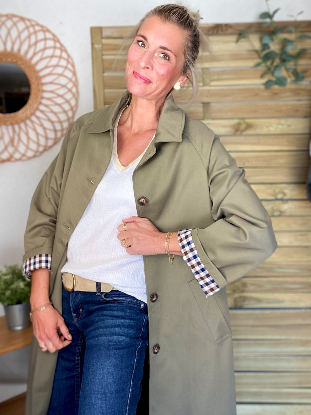 Veste Trench en coton, revers carreaux - YSEULT long Kaki
