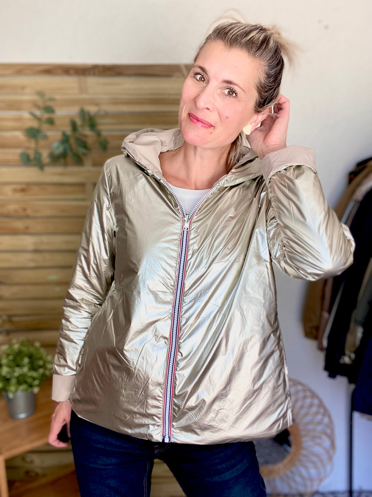 LAURA JO - Imperméable réversible rembourré LOUISON COURT - Beige / Doré • DÉSTOCKAGE sur Taille XL
