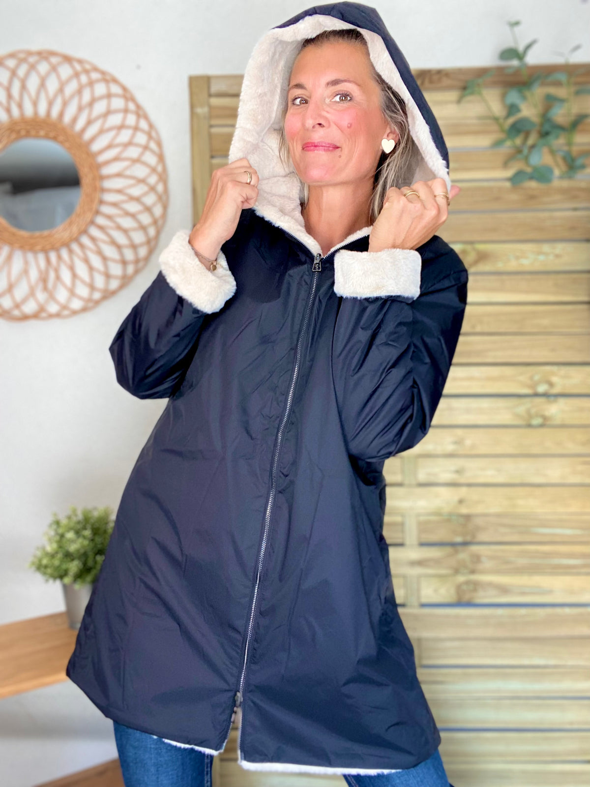LAURA JO - Parka Imperméable réversible fourrée Noir / Beige ALIX long