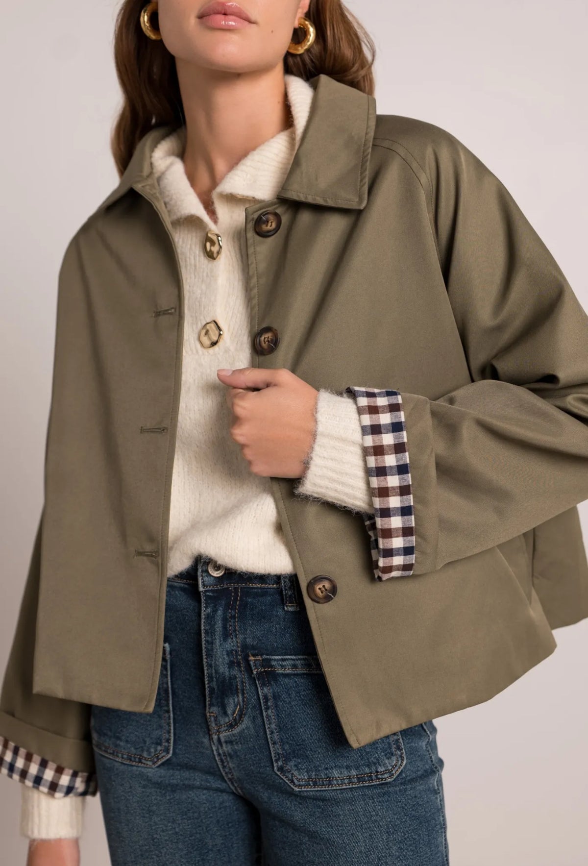 Veste Trench en coton, revers carreaux - YSEULT court Kaki