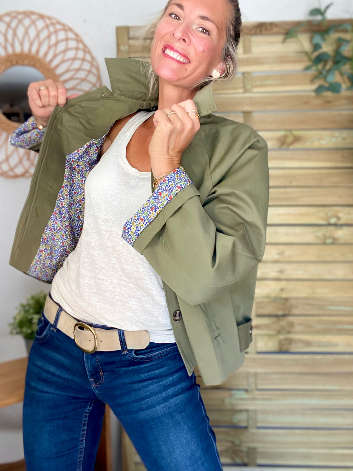 Veste Trench en coton kaki avec Liberty - MAHAUT - LILI et LALA