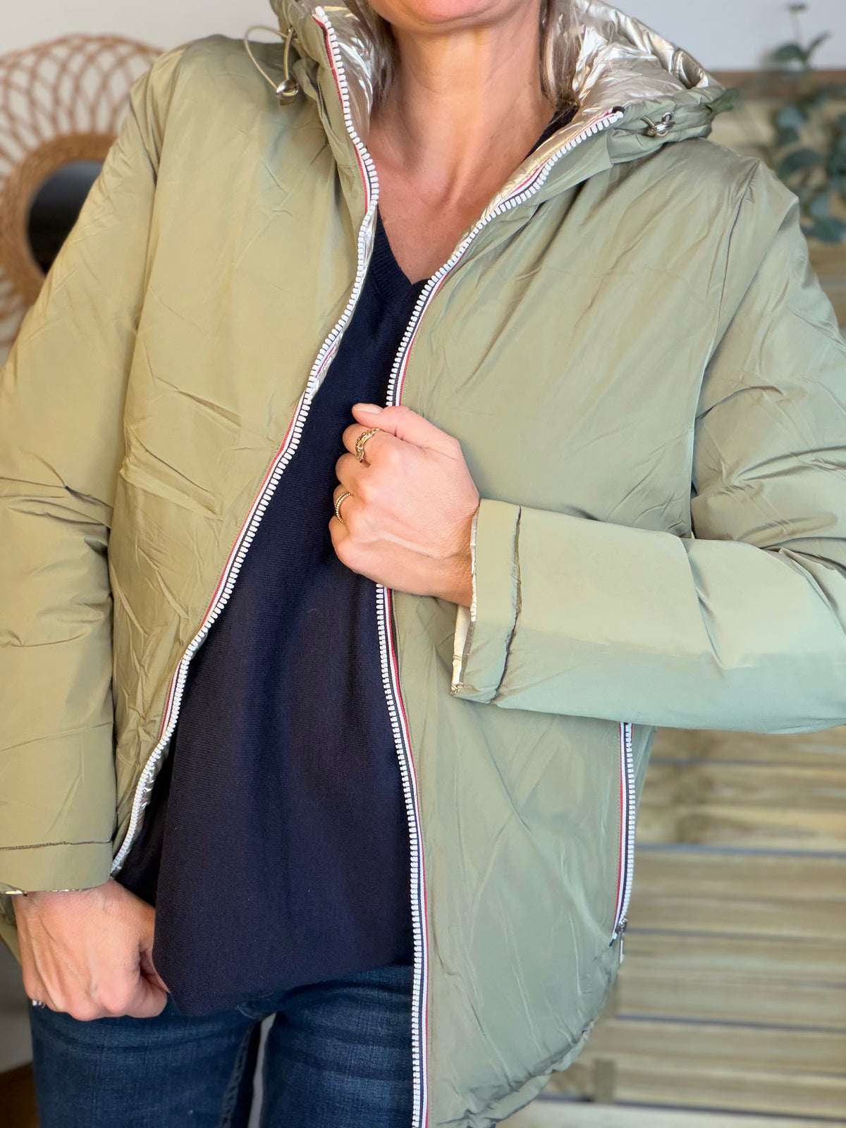 Doudoune imperméable réversible ANGÈLE COURT - Kaki clair - MELYA MELODY (DÉSTOCKAGE sur Taille S)
