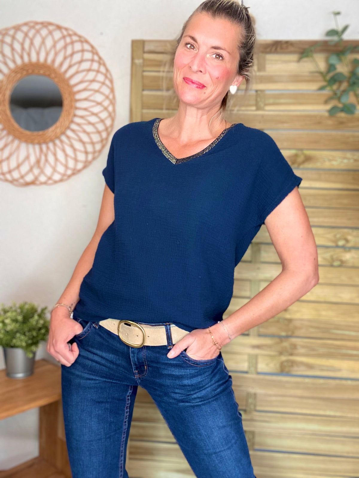 Top en gaze de coton et lurex MARTA - Bleu marine