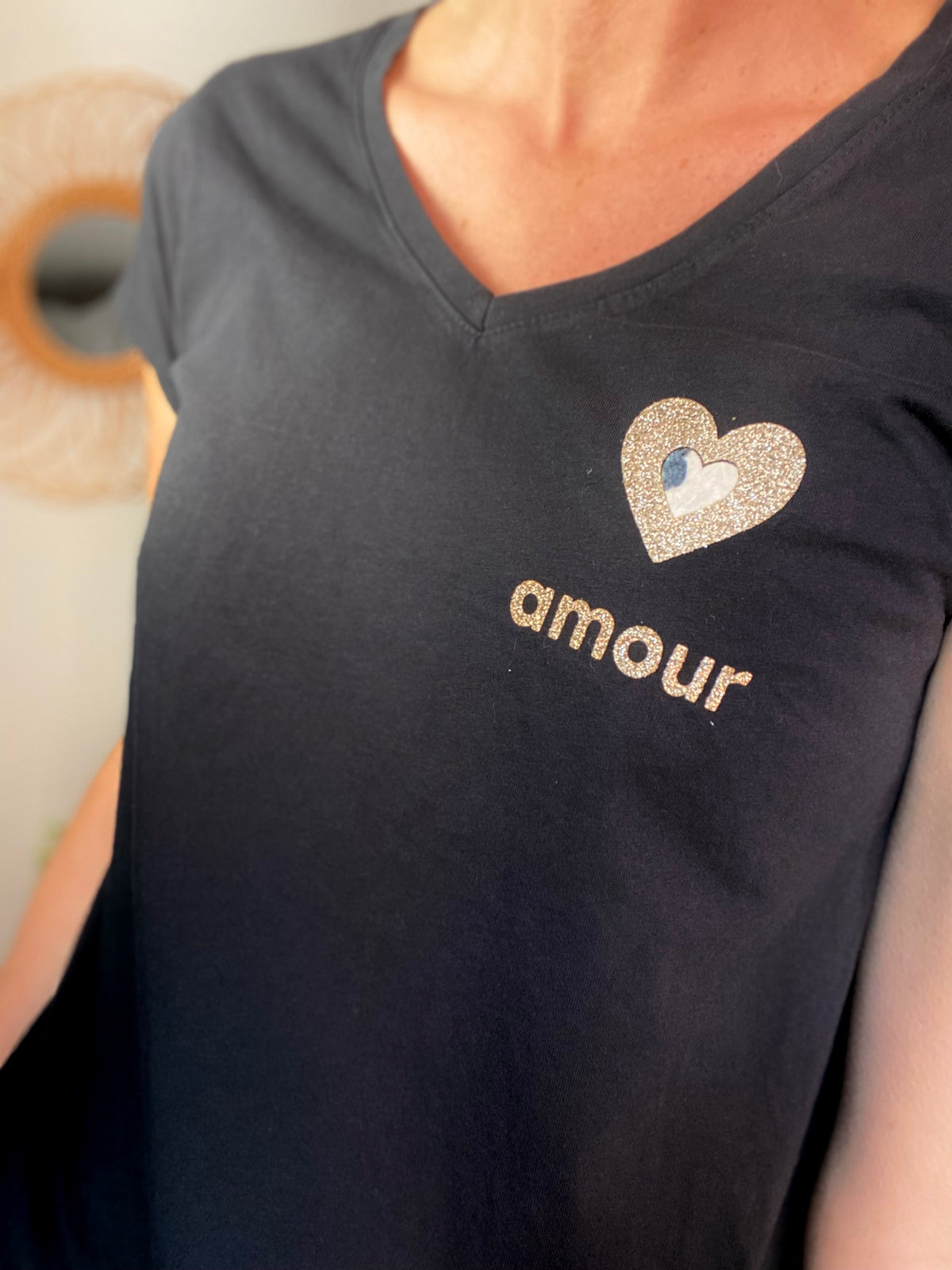 Tee shirt Coeur doré et léo amour 💛🐆 NINA Noir • FIN DE SÉRIE