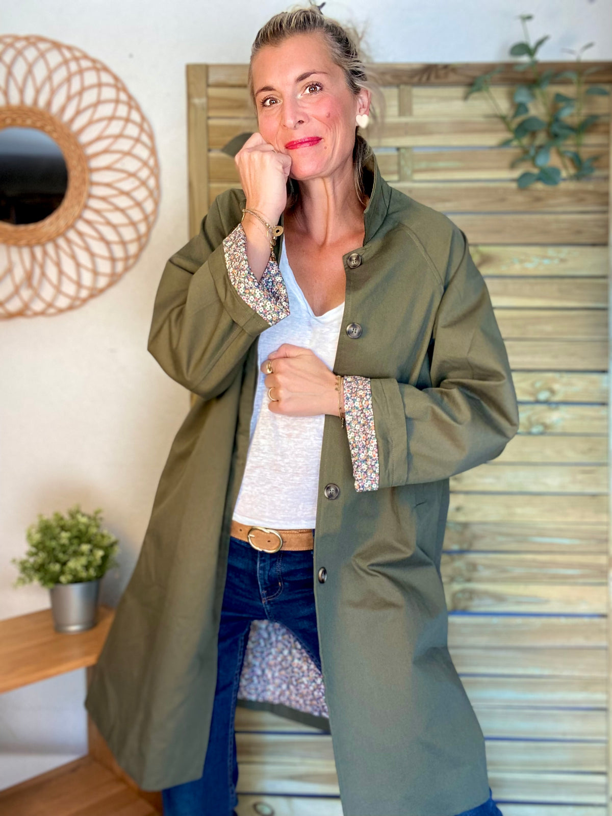Veste Trench en coton kaki avec Liberty - MAHAUT MI LONG - LILI et LALA • DÉSTOCKAGE sur Taille S