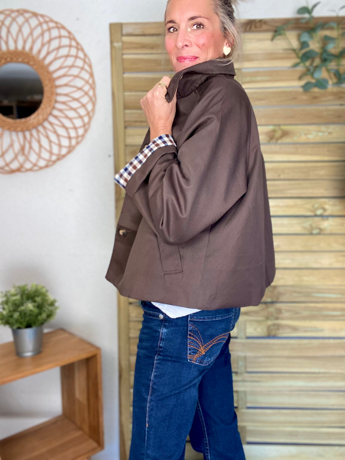 Veste Trench en coton, revers carreaux - YSEULT court Chocolat