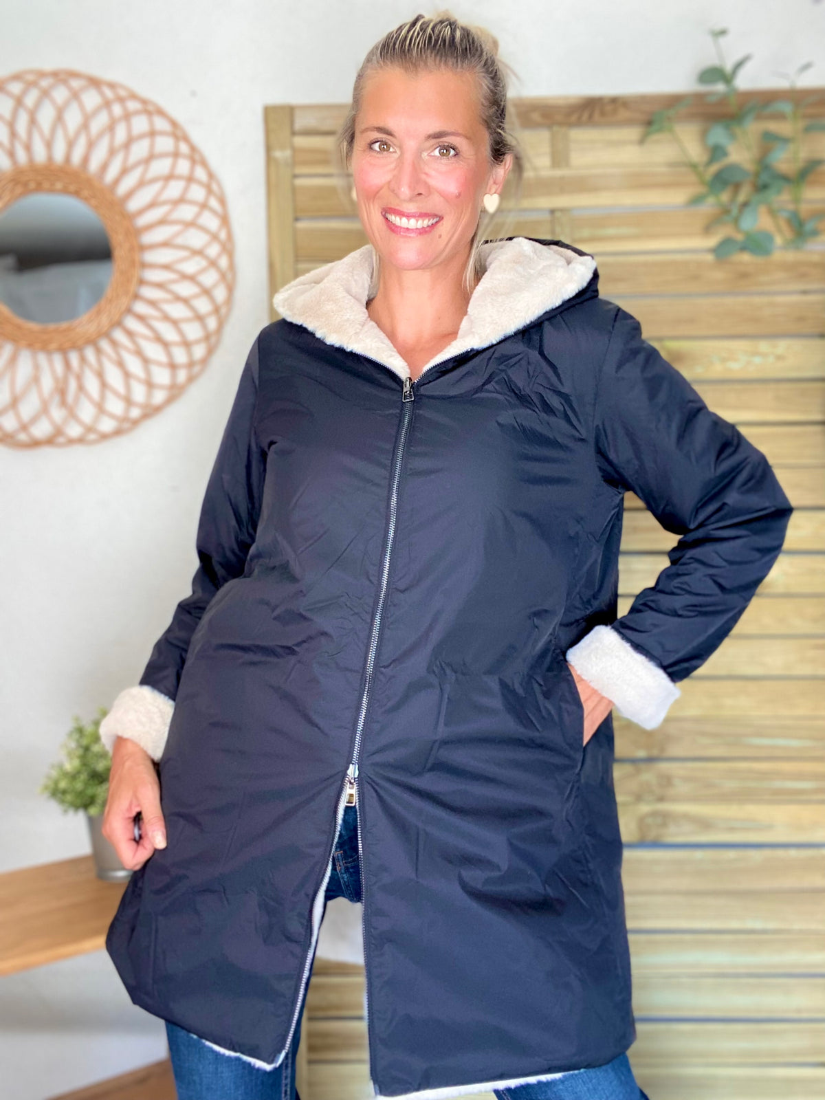 LAURA JO - Parka Imperméable réversible fourrée Noir / Beige ALIX long