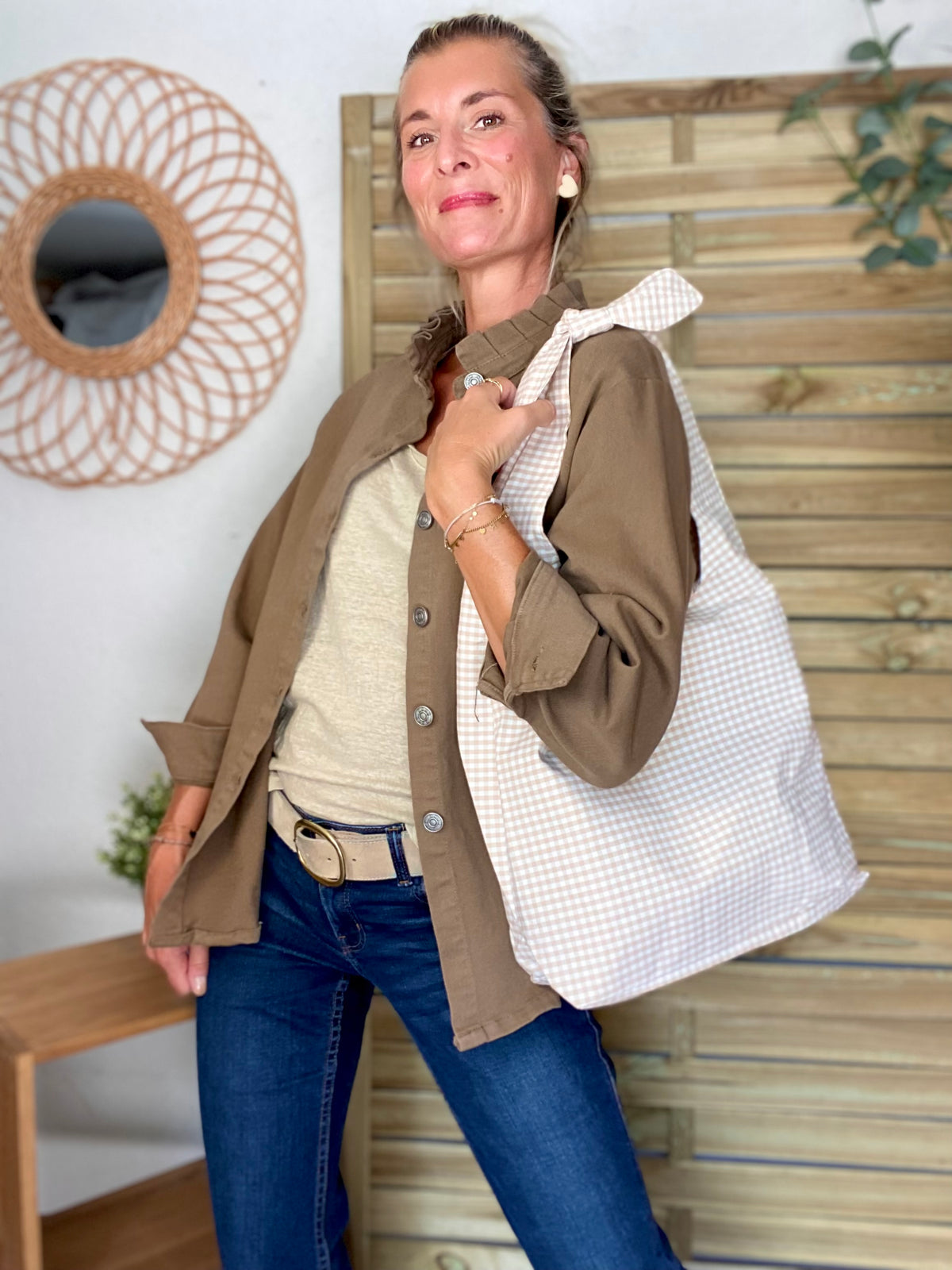 Sac cabas imprimé MEGAN - Vichy beige
