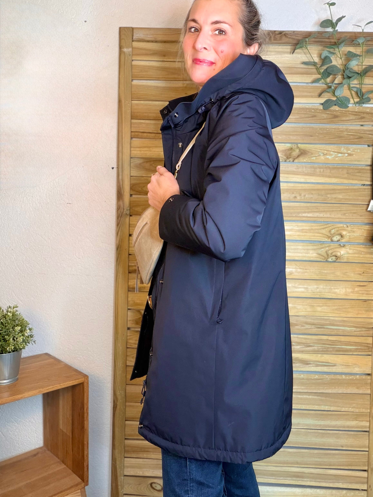 LAURA JO - Parka fourrée imperméable AMBRE LONG - Bleu marine / Beige