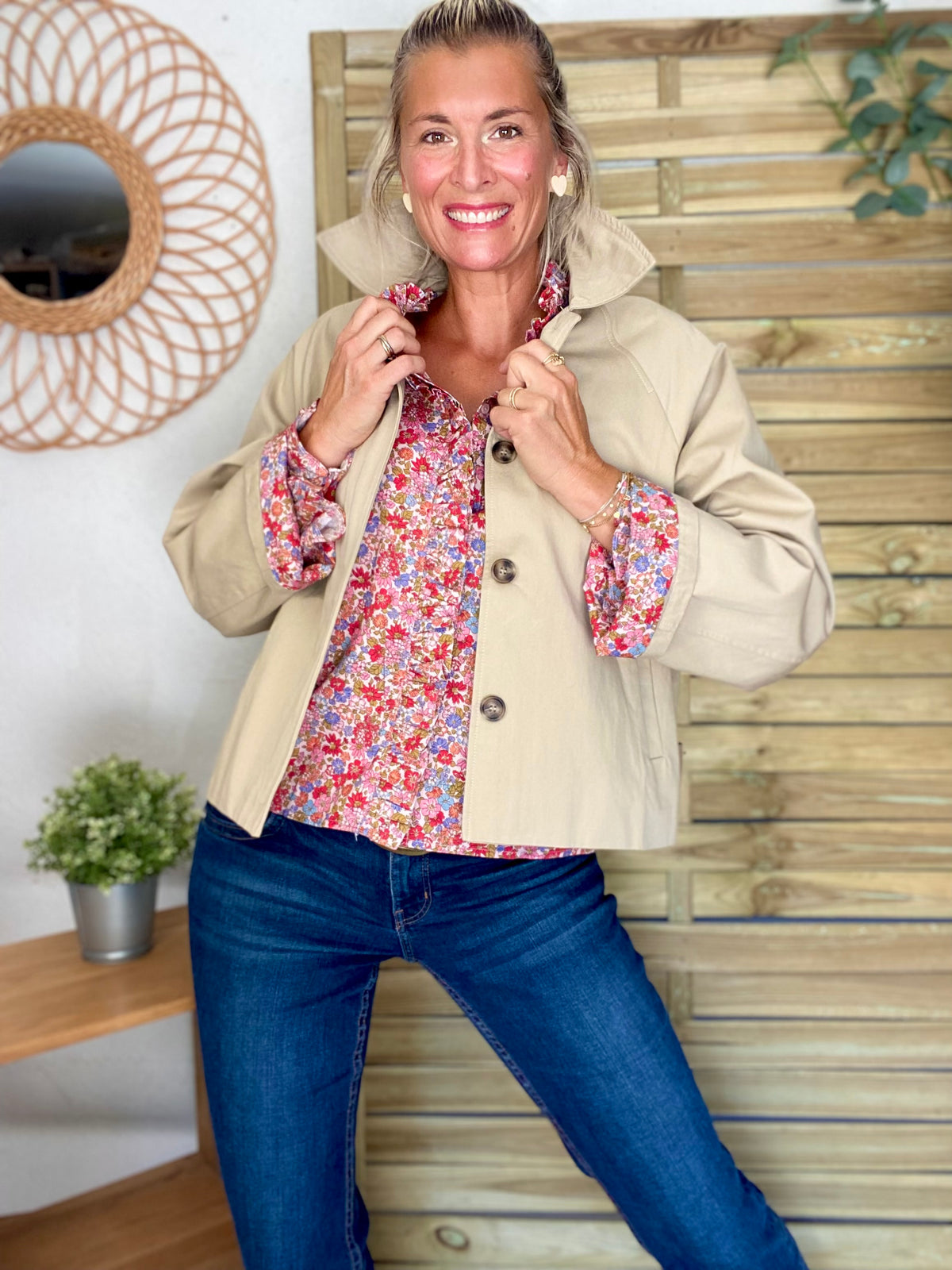 Veste Trench en coton beige avec Liberty - MAHAUT - LILI et LALA