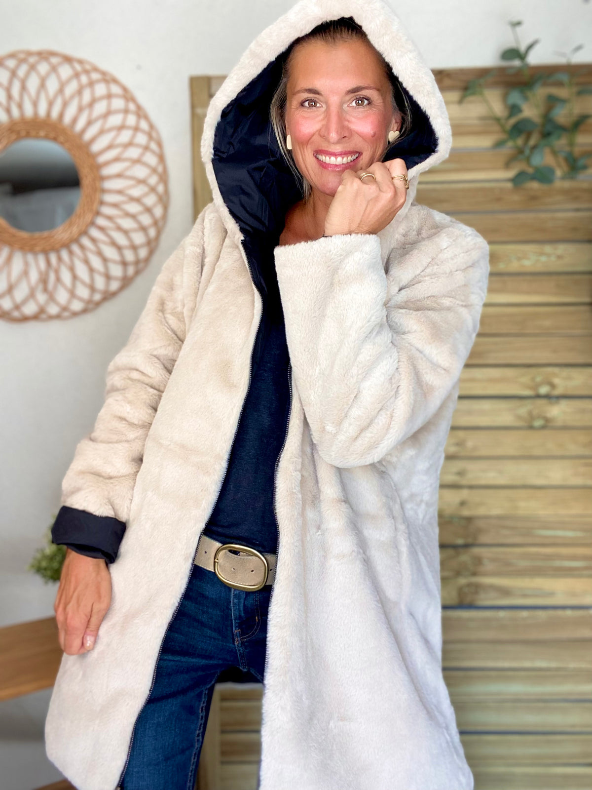 LAURA JO - Parka Imperméable réversible fourrée Noir / Beige ALIX long