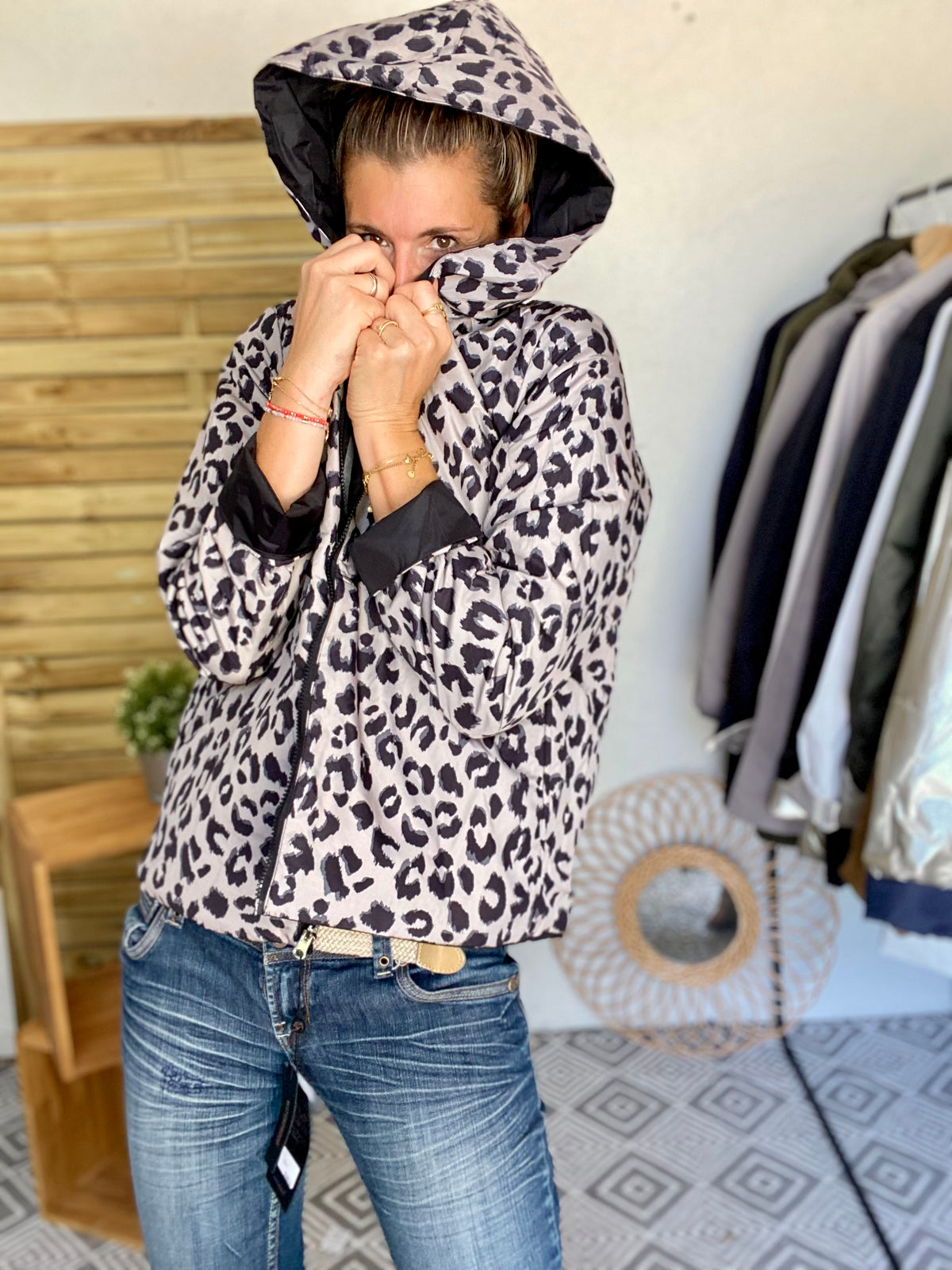 LAURA JO - Imperméable réversible rembourré LOUISON COURT - Noir / léo • DÉSTOCKAGE sur Taille XL