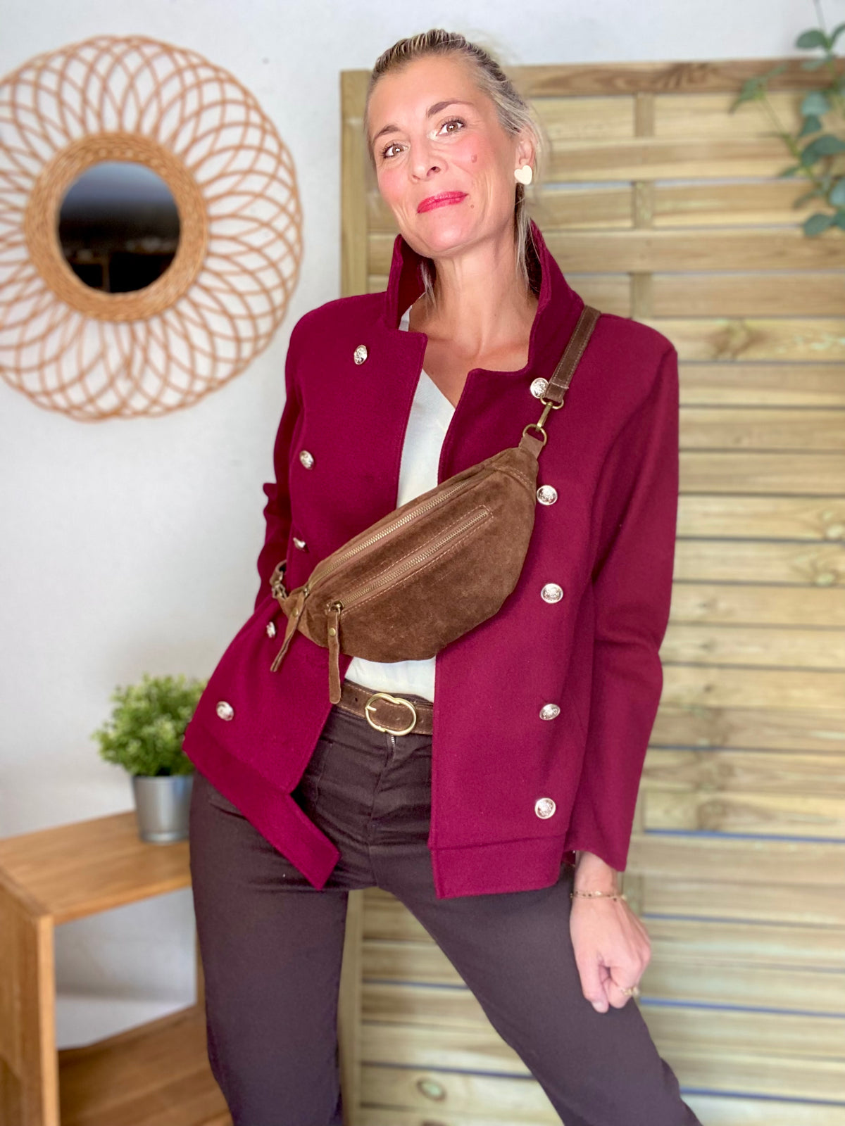 Sac banane double poche en cuir daim - OPALINE - Café