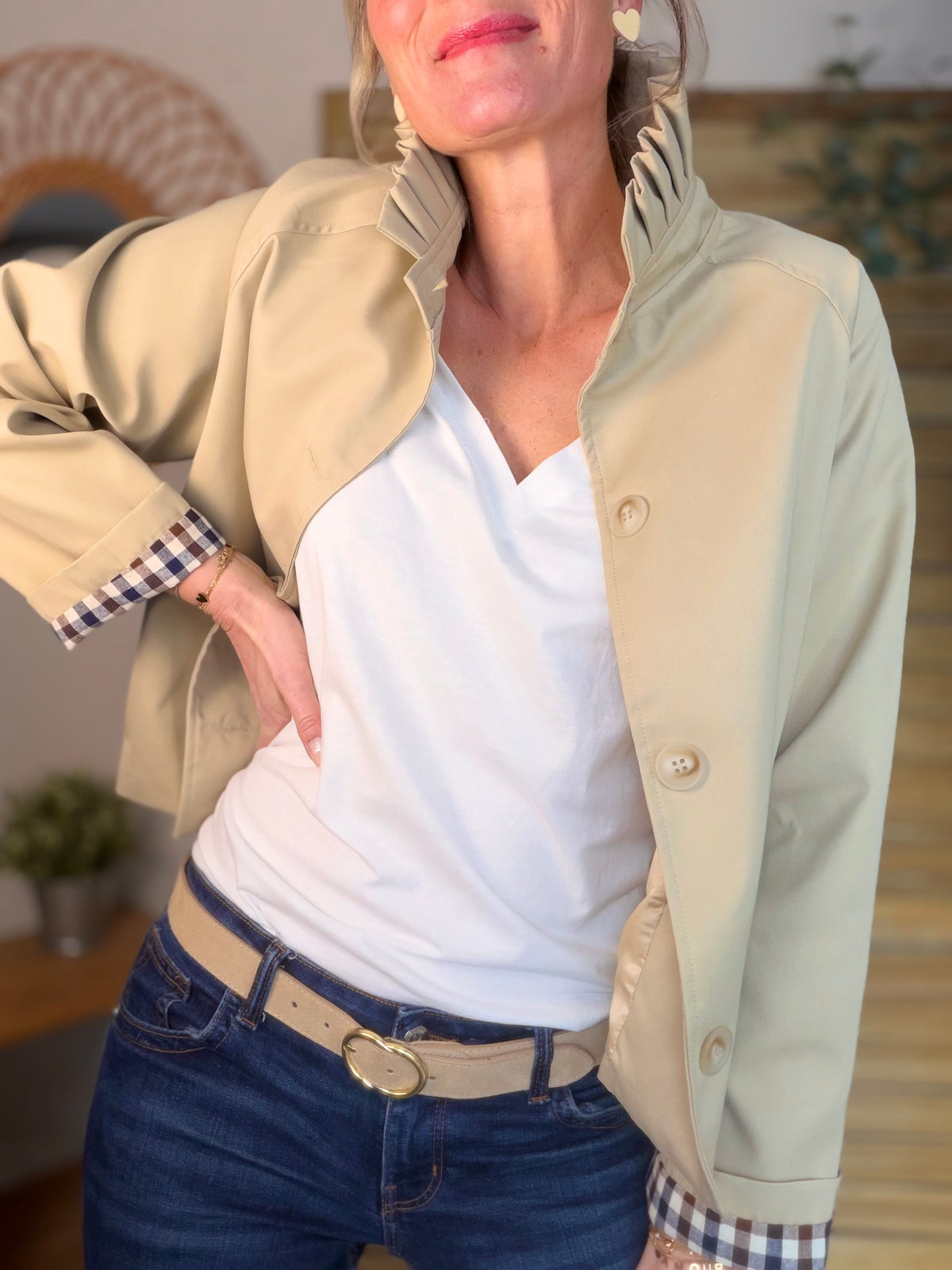 Veste Trench col victorien, revers carreaux - VICKY Beige