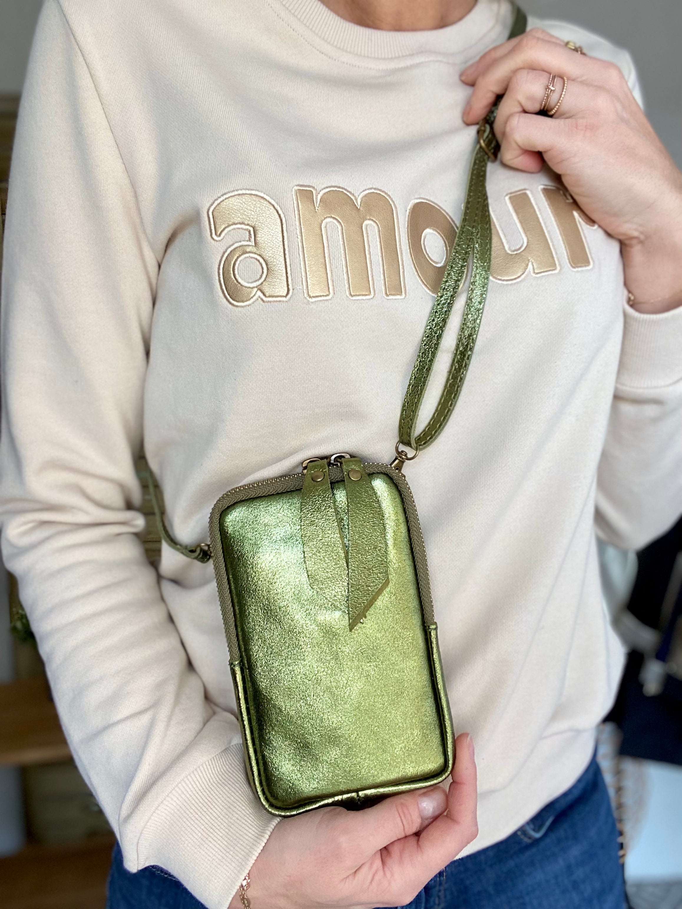 Pochette bandoulière pour téléphone en cuir irisé - STELLA - Kaki - FIN DE SÉRIE