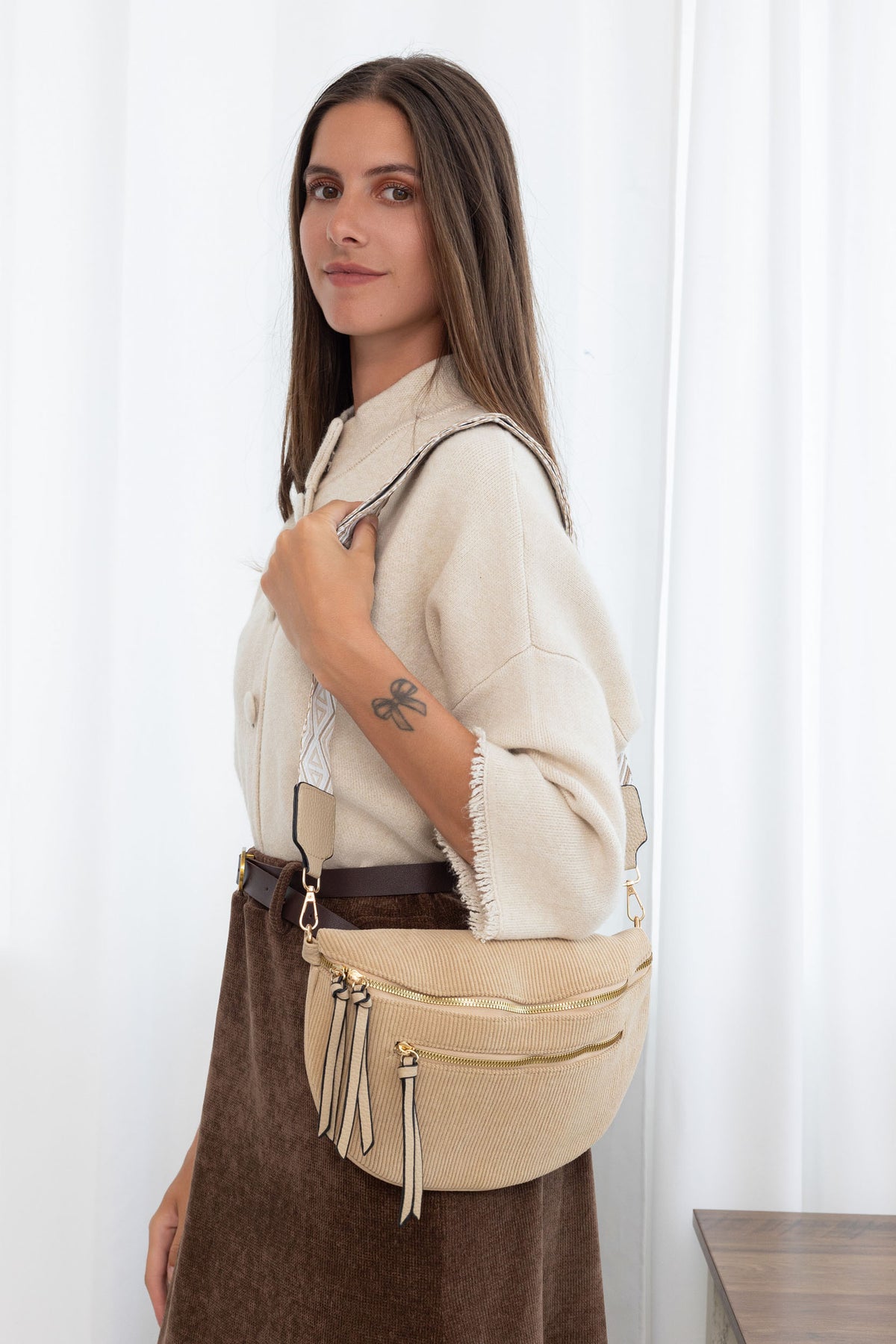 Sac banane en velours côtelé, sangle fantaisie - KATY - Camel clair - FIN DE SÉRIE